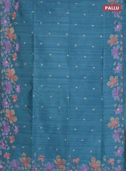 Semi raw silk saree pastel blue with embroidered buttas and embroidery border