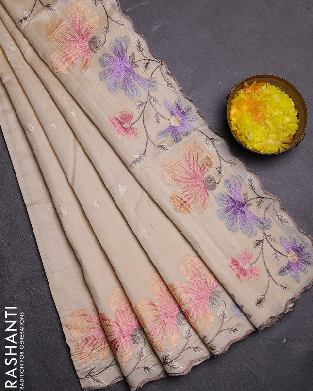 Semi raw silk saree cream with embroidered buttas and embroidery border