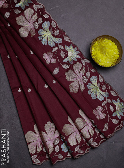 Semi raw silk saree deep maroon with embroidered buttas and embroidery border
