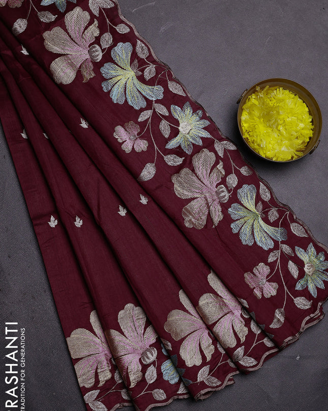 Semi raw silk saree deep maroon with embroidered buttas and embroidery border