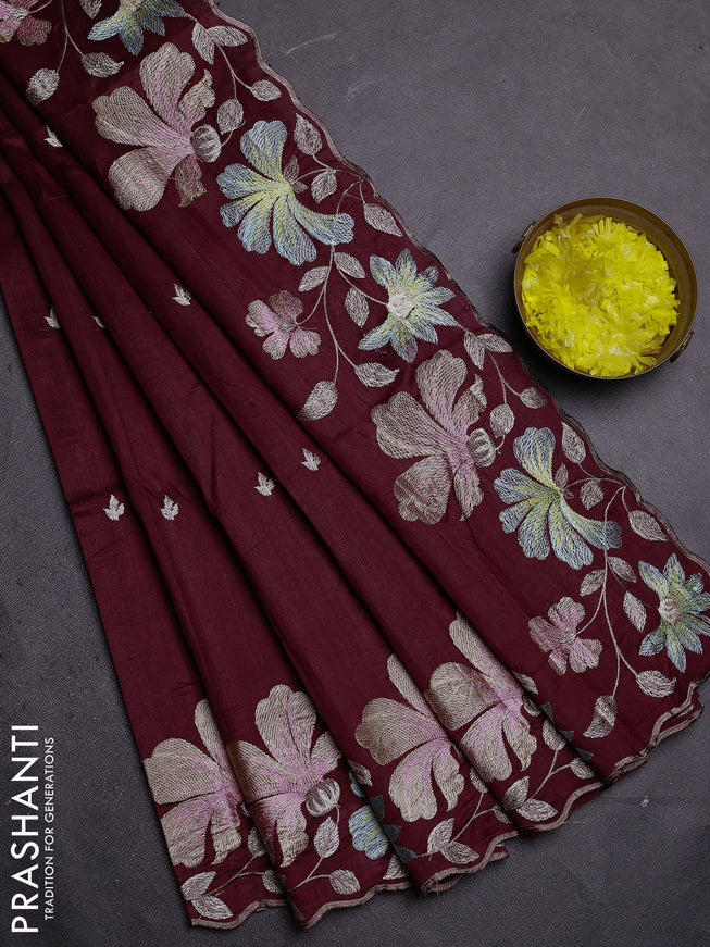 Semi raw silk saree deep maroon with embroidered buttas and embroidery border