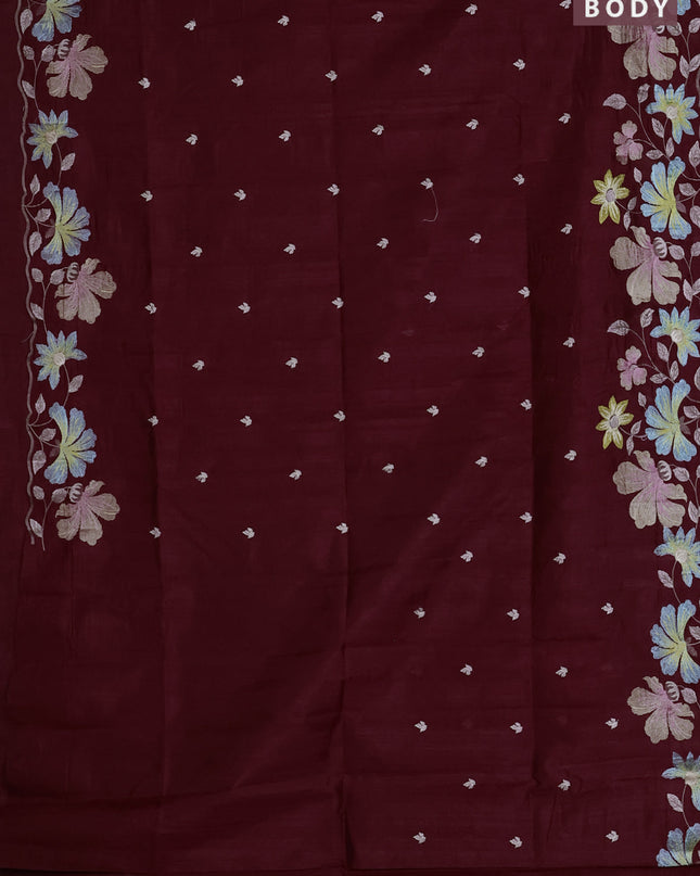 Semi raw silk saree deep maroon with embroidered buttas and embroidery border