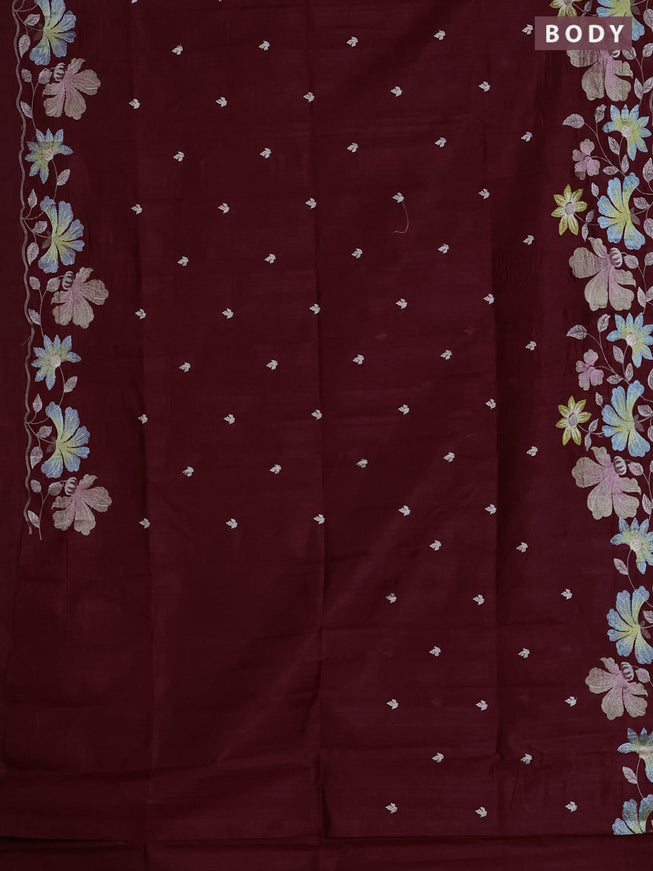 Semi raw silk saree deep maroon with embroidered buttas and embroidery border
