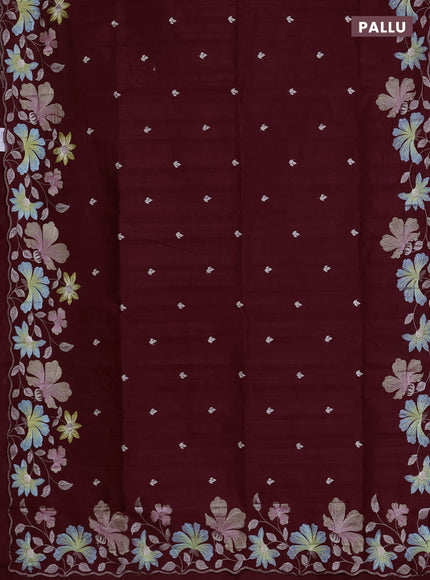 Semi raw silk saree deep maroon with embroidered buttas and embroidery border