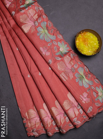 Semi raw silk saree peach orange with embroidered buttas and embroidery border