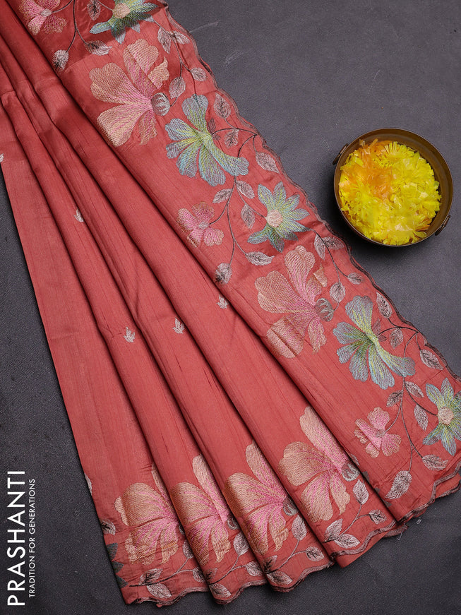 Semi raw silk saree peach orange with embroidered buttas and embroidery border