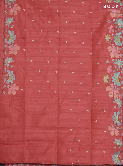 Semi raw silk saree peach orange with embroidered buttas and embroidery border