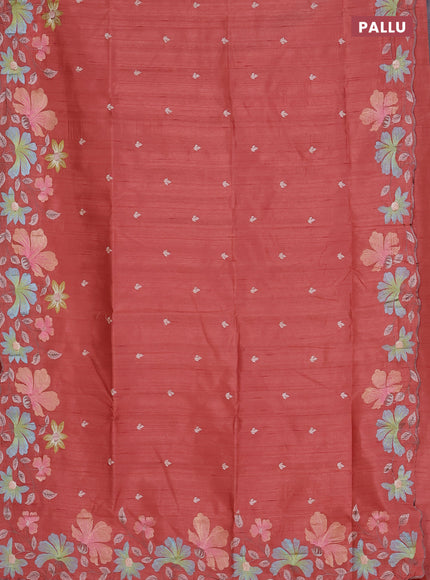 Semi raw silk saree peach orange with embroidered buttas and embroidery border