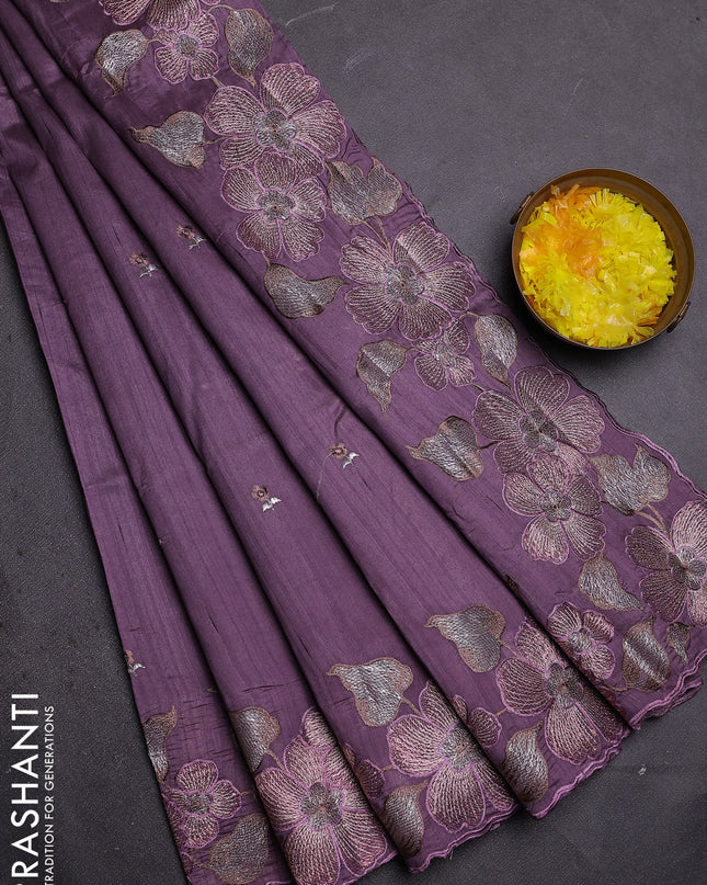 Semi raw silk saree lavender shade with embroidered buttas and embroidery border