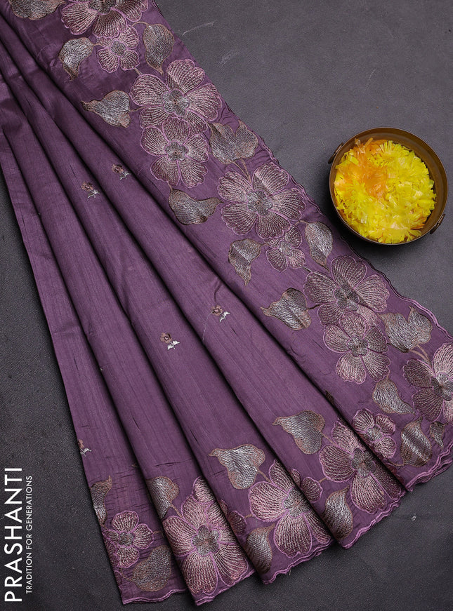 Semi raw silk saree lavender shade with embroidered buttas and embroidery border