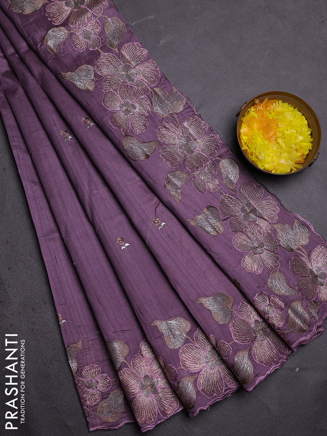 Semi raw silk saree lavender shade with embroidered buttas and embroidery border
