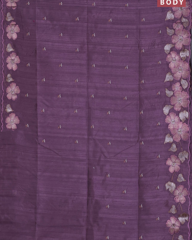 Semi raw silk saree lavender shade with embroidered buttas and embroidery border