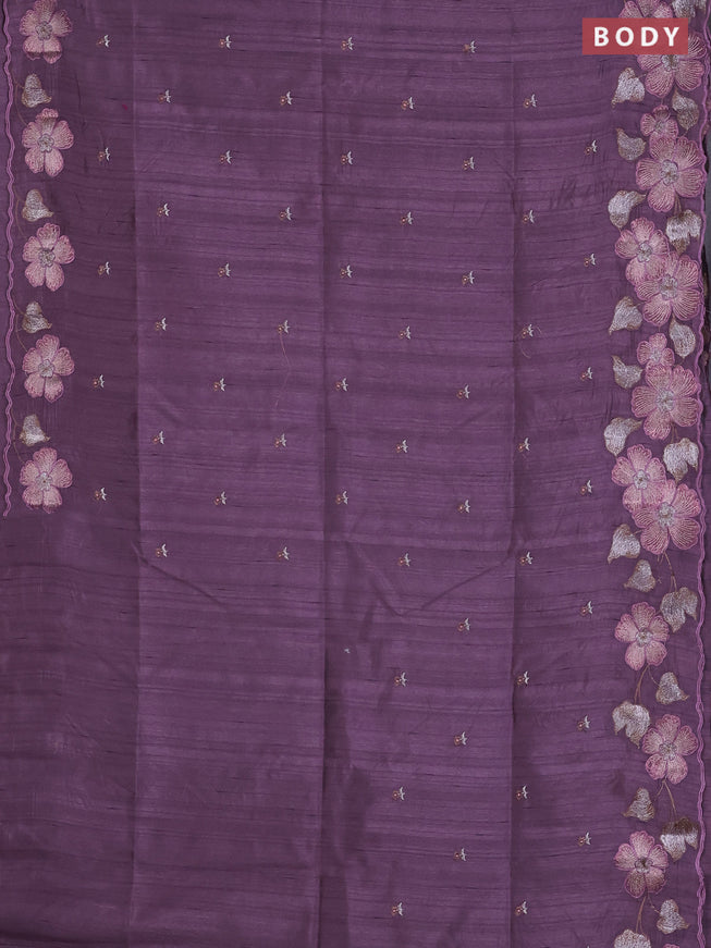 Semi raw silk saree lavender shade with embroidered buttas and embroidery border