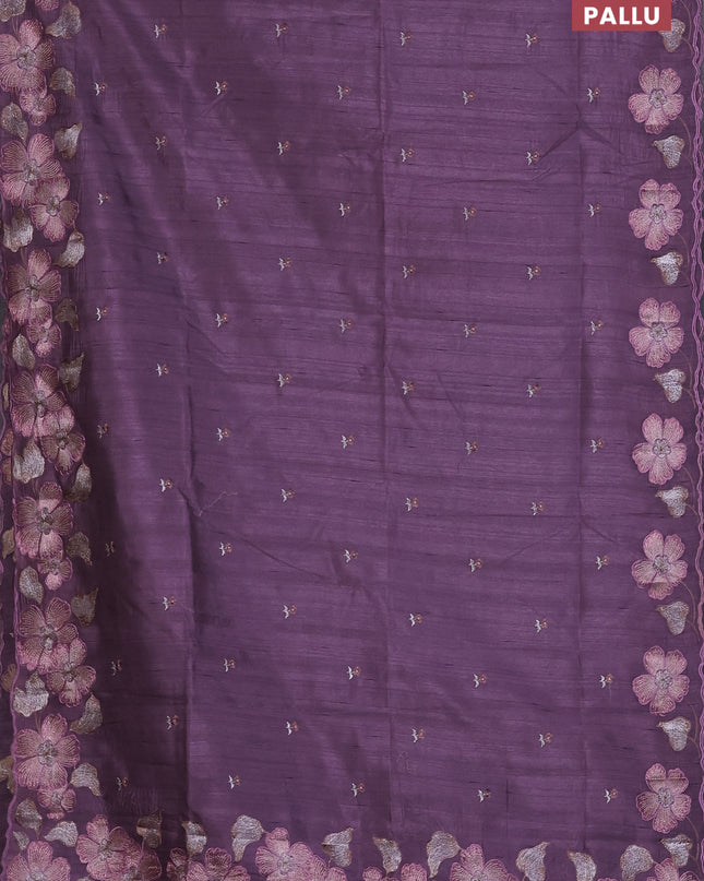 Semi raw silk saree lavender shade with embroidered buttas and embroidery border