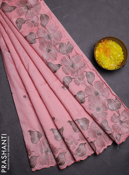 Semi raw silk saree peach pink with embroidered buttas and embroidery border
