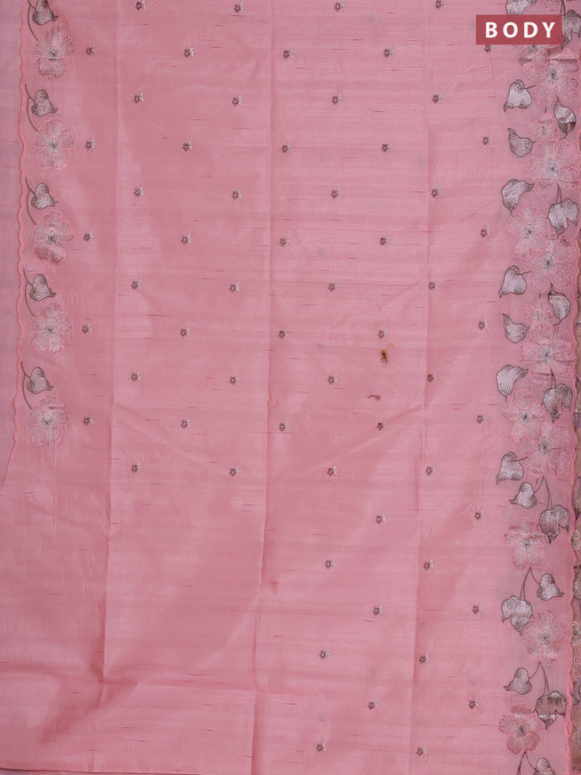 Semi raw silk saree peach pink with embroidered buttas and embroidery border