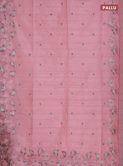 Semi raw silk saree peach pink with embroidered buttas and embroidery border