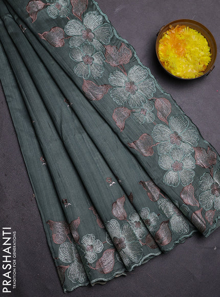 Semi raw silk saree greyish green with embroidered buttas and embroidery border