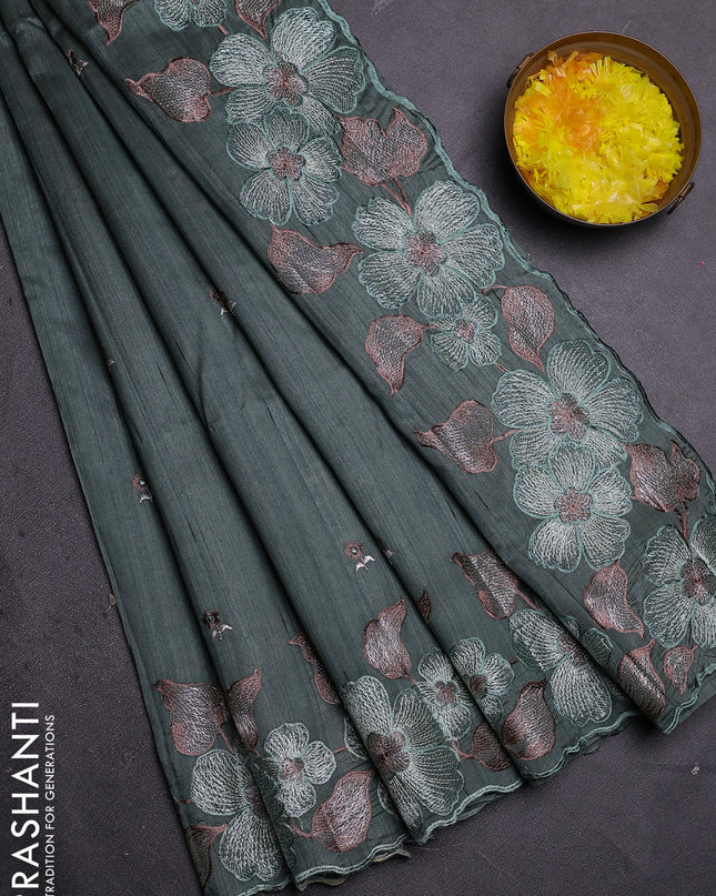 Semi raw silk saree greyish green with embroidered buttas and embroidery border