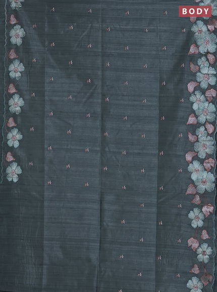 Semi raw silk saree greyish green with embroidered buttas and embroidery border