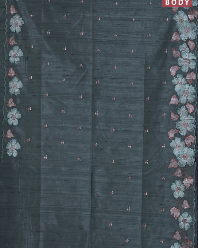 Semi raw silk saree greyish green with embroidered buttas and embroidery border