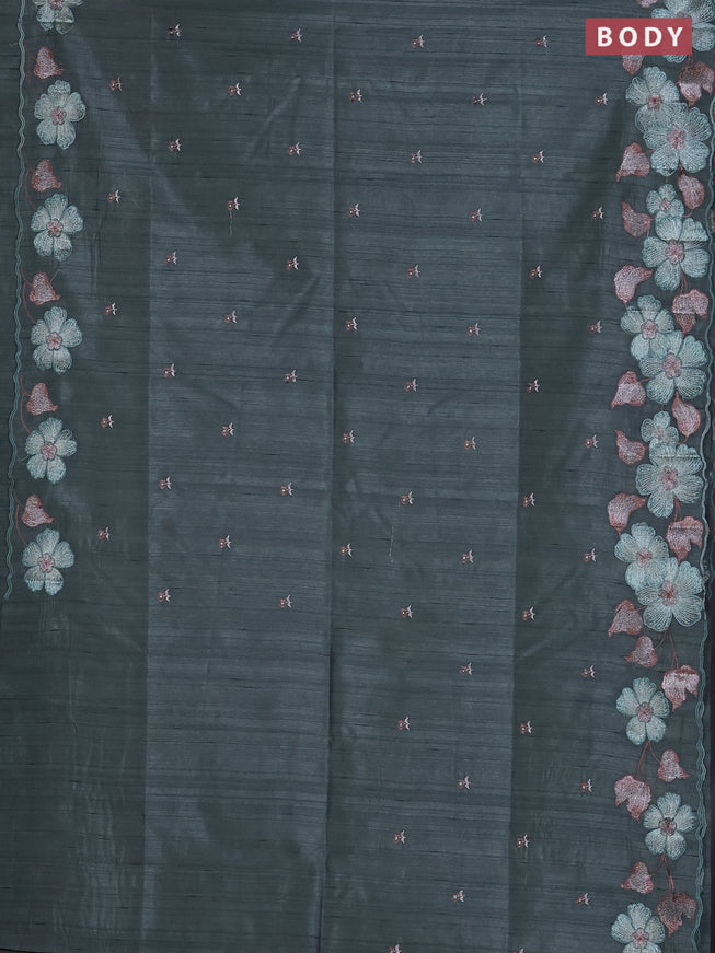 Semi raw silk saree greyish green with embroidered buttas and embroidery border