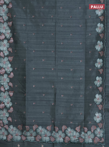 Semi raw silk saree greyish green with embroidered buttas and embroidery border
