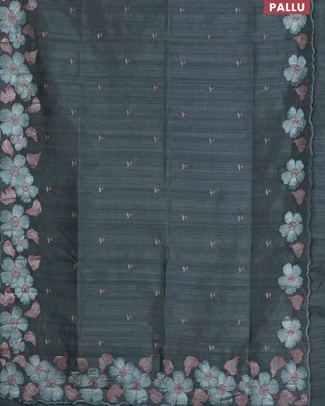 Semi raw silk saree greyish green with embroidered buttas and embroidery border
