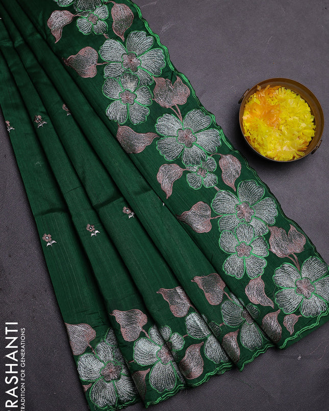 Semi raw silk saree green with embroidered buttas and embroidery border