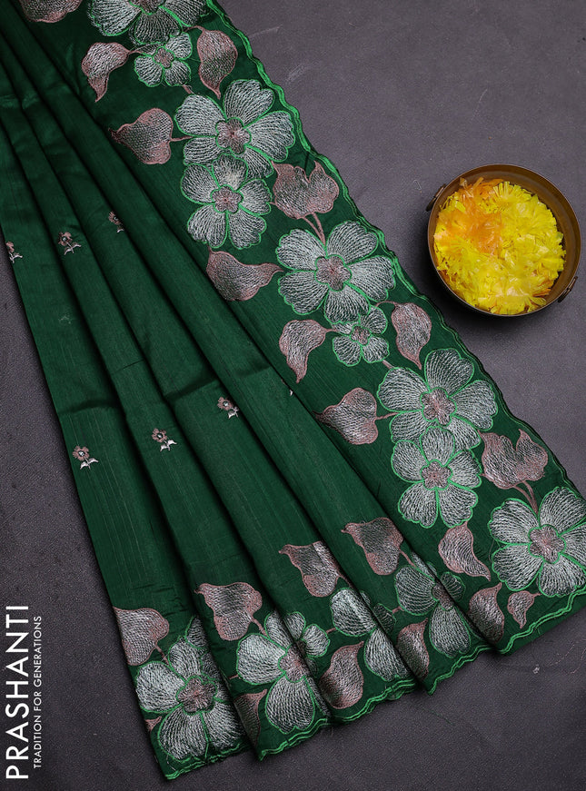 Semi raw silk saree green with embroidered buttas and embroidery border