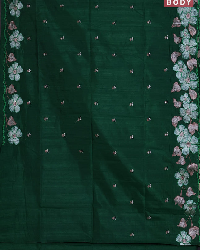 Semi raw silk saree green with embroidered buttas and embroidery border