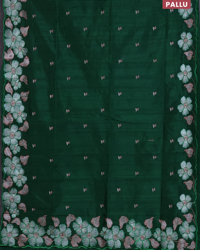 Semi raw silk saree green with embroidered buttas and embroidery border
