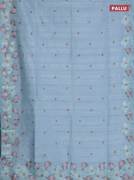 Semi raw silk saree pastel blue with embroidered buttas and embroidery border