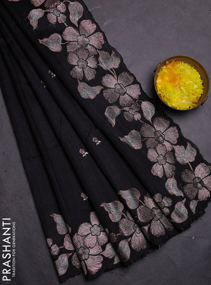 Semi raw silk saree black with embroidered buttas and embroidery border