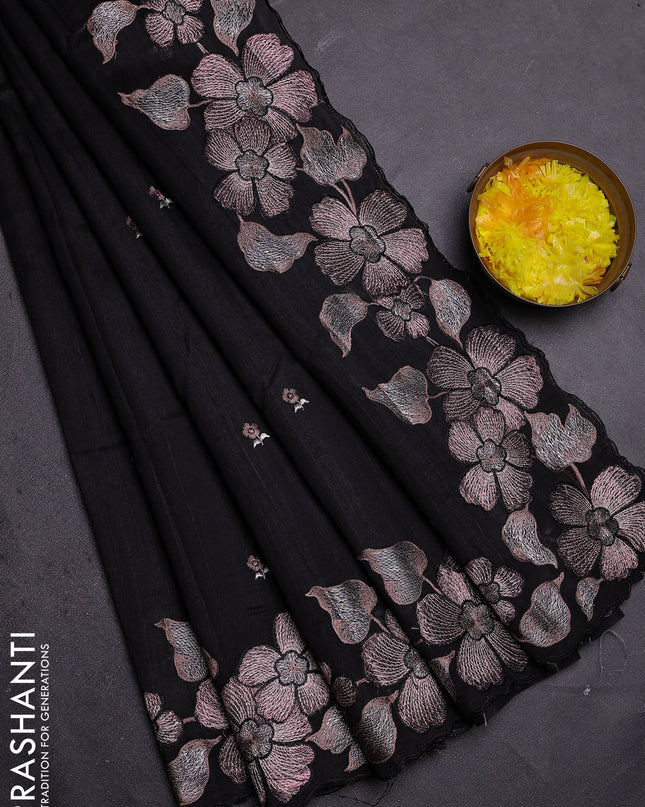 Semi raw silk saree black with embroidered buttas and embroidery border
