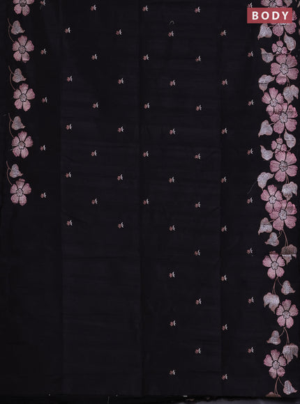 Semi raw silk saree black with embroidered buttas and embroidery border