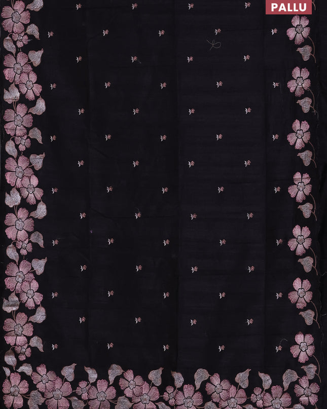 Semi raw silk saree black with embroidered buttas and embroidery border