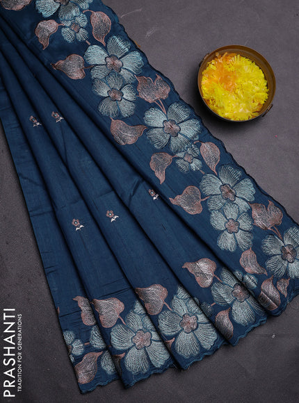 Semi raw silk saree peacock blue with embroidered buttas and embroidery border