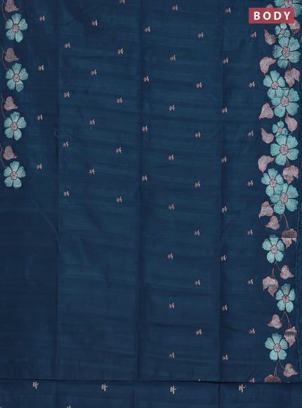 Semi raw silk saree peacock blue with embroidered buttas and embroidery border