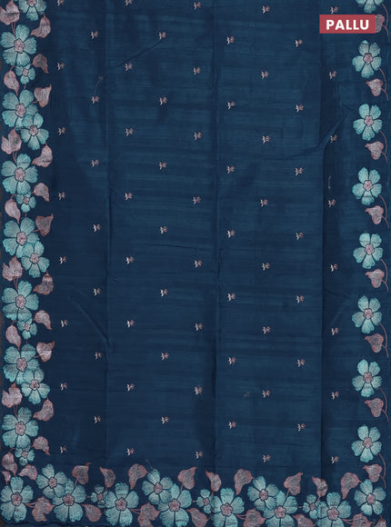 Semi raw silk saree peacock blue with embroidered buttas and embroidery border