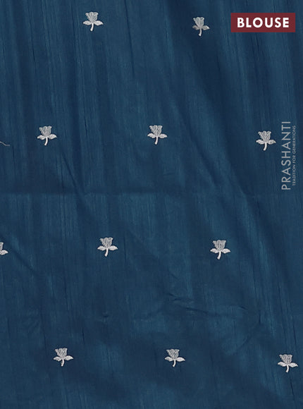 Semi raw silk saree peacock blue with embroidered buttas and embroidery border
