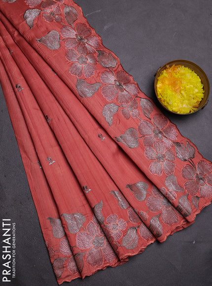 Semi raw silk saree peach shade with embroidered buttas and embroidery border