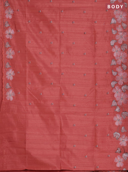 Semi raw silk saree peach shade with embroidered buttas and embroidery border