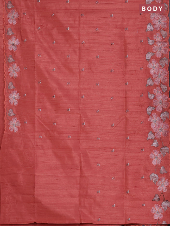 Semi raw silk saree peach shade with embroidered buttas and embroidery border