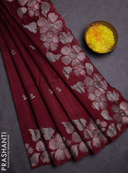 Semi raw silk saree maroon with embroidered buttas and embroidery border