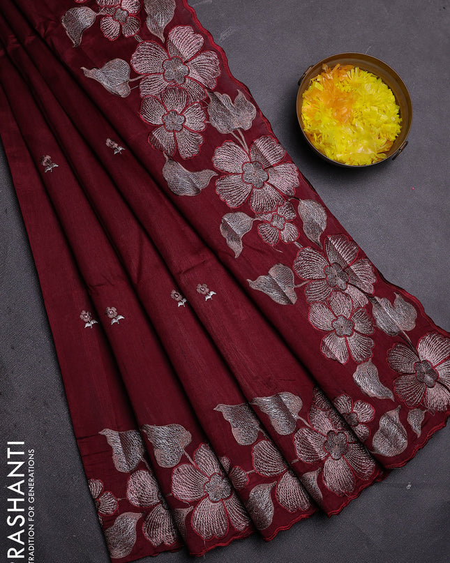 Semi raw silk saree maroon with embroidered buttas and embroidery border