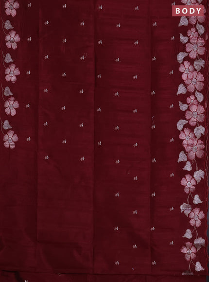 Semi raw silk saree maroon with embroidered buttas and embroidery border