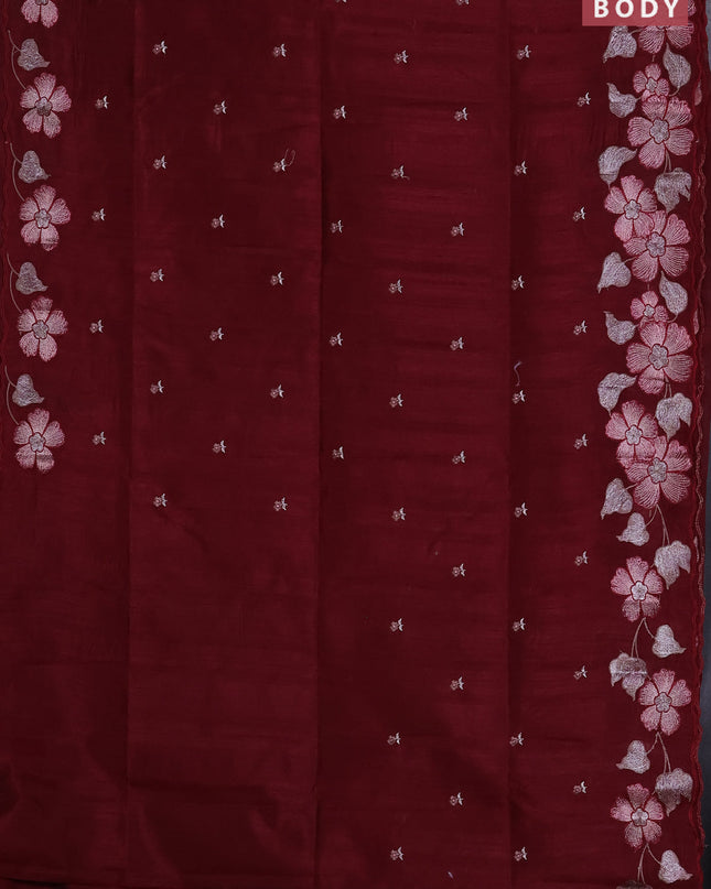 Semi raw silk saree maroon with embroidered buttas and embroidery border