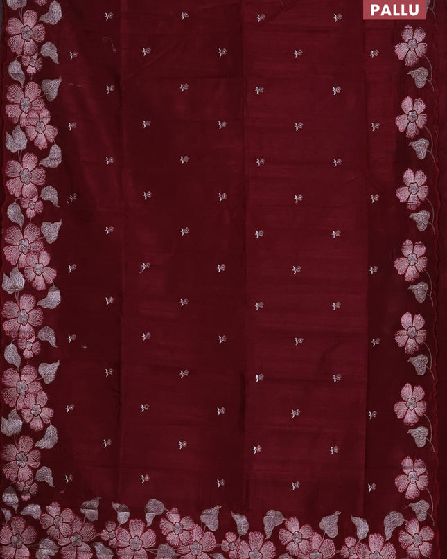 Semi raw silk saree maroon with embroidered buttas and embroidery border