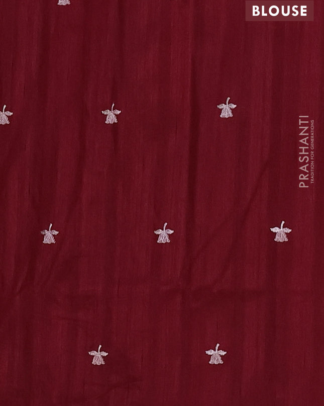 Semi raw silk saree maroon with embroidered buttas and embroidery border